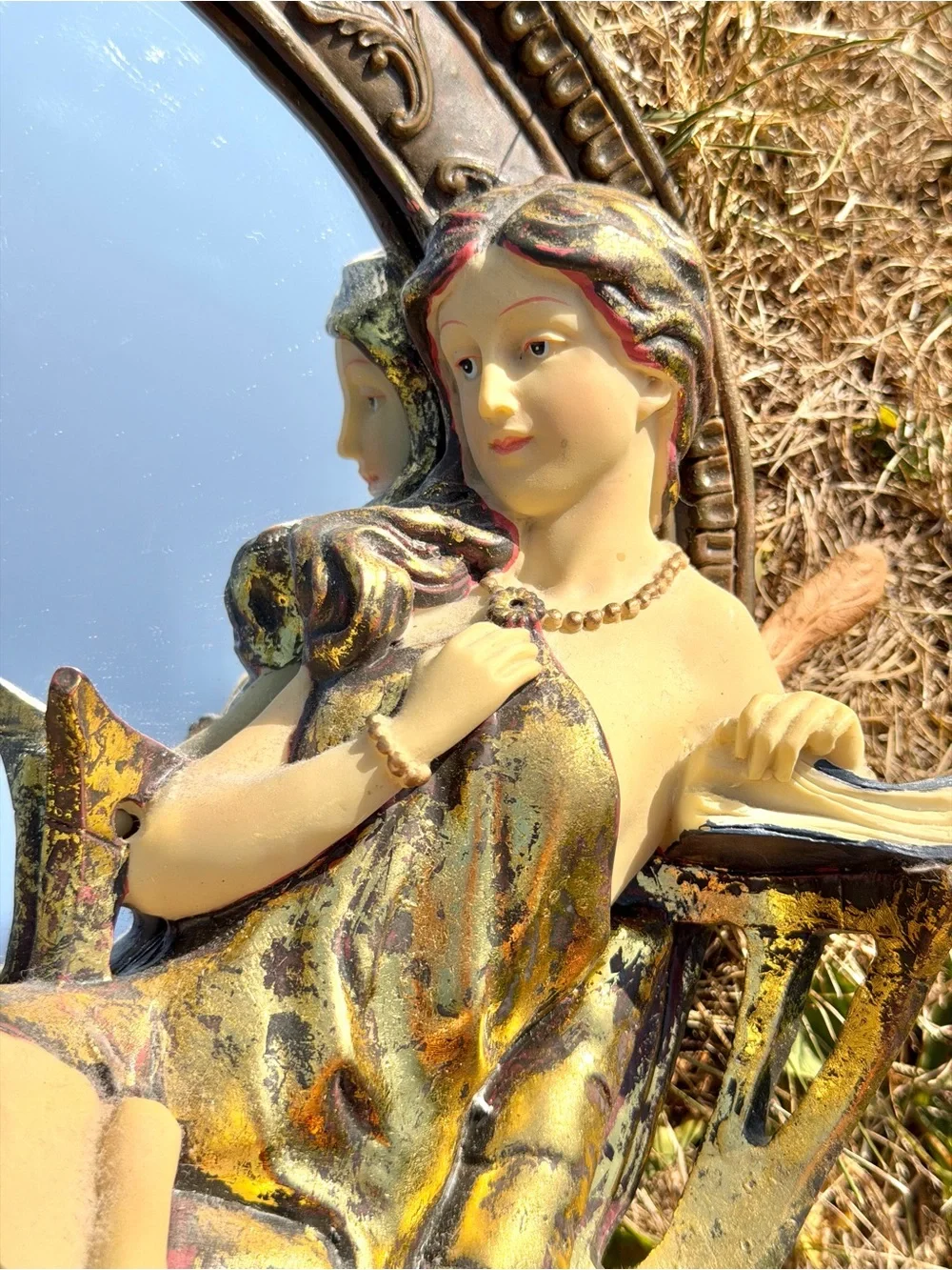 ART NOUVEAU Style MIRROR Resin LADY BY THE LAKE Round Gold Regency 11” Vintage